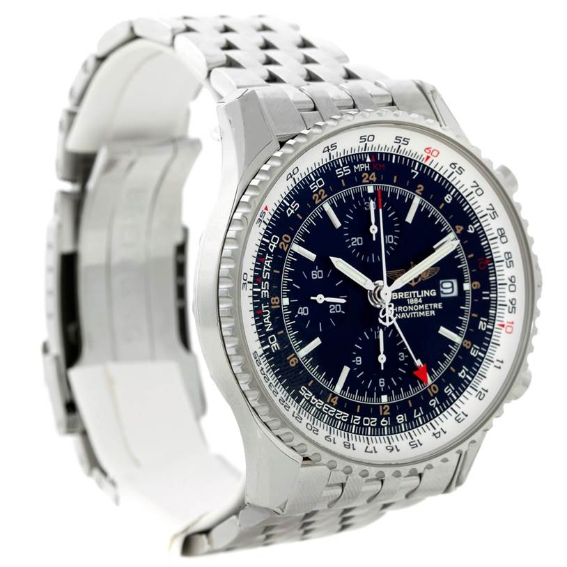 The image shows a side angle view of a Breitling Navitimer A24322 Men
s Stainless Steel Black Dial A24322 Men
s Stainless Steel Black Dial watch, highlighting its face, bezel, and bracelet.