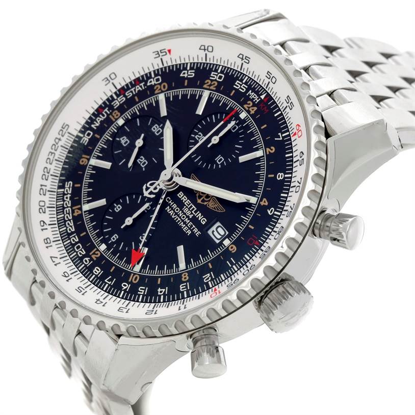 The Breitling Navitimer A24322 Men
s Stainless Steel Black Dial A24322 Men
s Stainless Steel Black Dial watch is shown at an angled view displaying its face, side crown, chronograph buttons, and part of the bracelet.