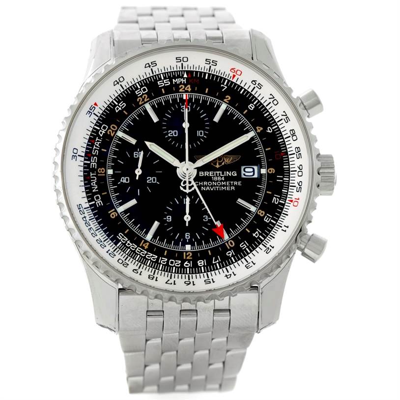 This image shows a front view of the Breitling Navitimer A24322 Men
s Stainless Steel Black Dial A24322 Men
s Stainless Steel Black Dial watch, highlighting its face, bezel, and metal bracelet.