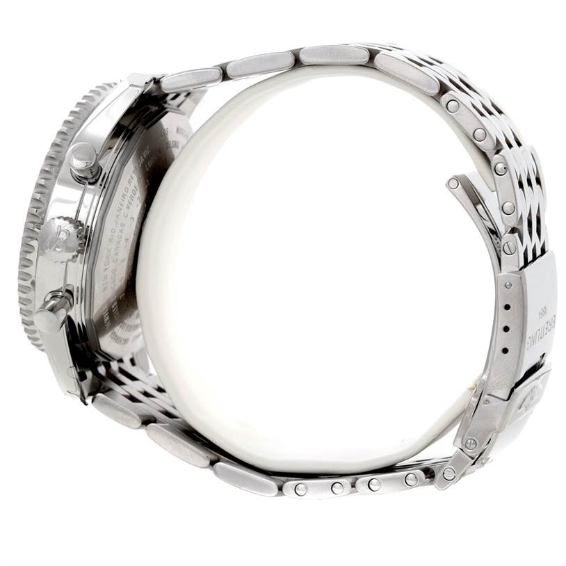 This image shows the side view of the Breitling Navitimer A24322 Men
s Stainless Steel Black Dial A24322 Men
s Stainless Steel Black Dial watch, focusing on the watch
s case, crown, and stainless steel bracelet.