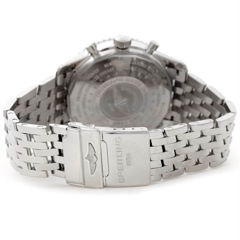 This image shows the back view of a Breitling Navitimer A24322 Men
s Stainless Steel Black Dial A24322 Men
s Stainless Steel Black Dial watch, focusing on its clasp and stainless steel bracelet.