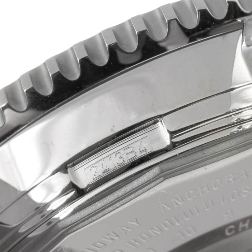 The image shows a close-up of the caseback and bezel of the Breitling Navitimer A24322 Men
s Stainless Steel Black Dial A24322 Men
s Stainless Steel Black Dial watch.