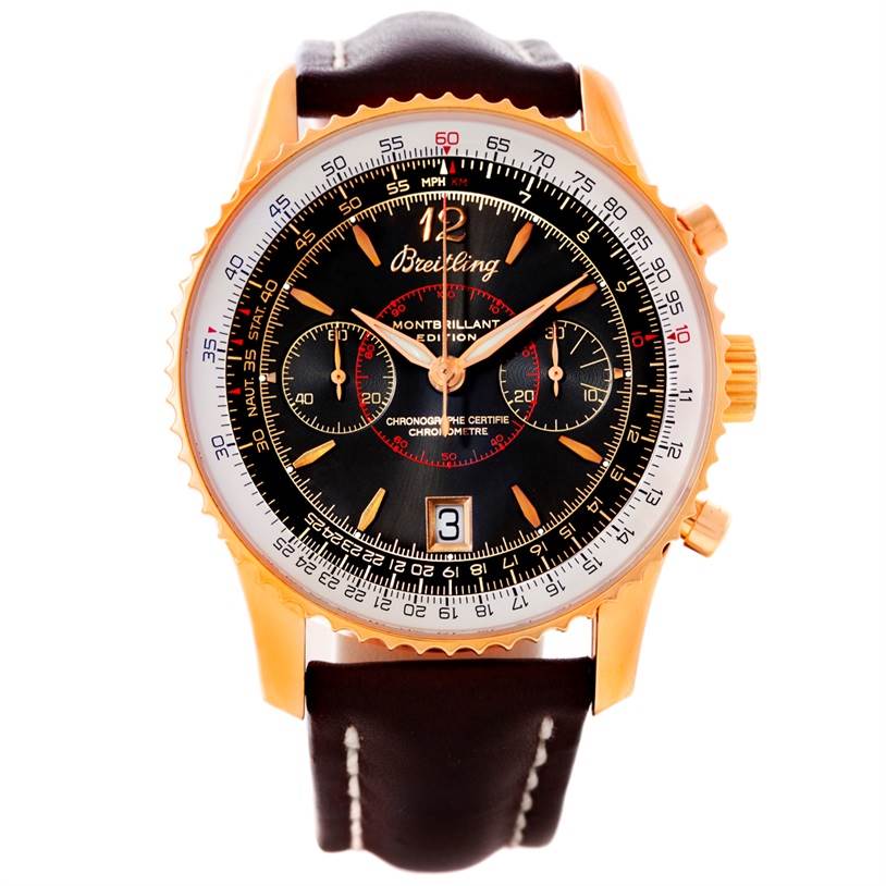 The Breitling Navitimer H48330 Men's Rose Gold Black Dial H48330 Men's Rose Gold Black Dial watch is shown from the front, displaying its face, bezel, subdials, and leather strap.