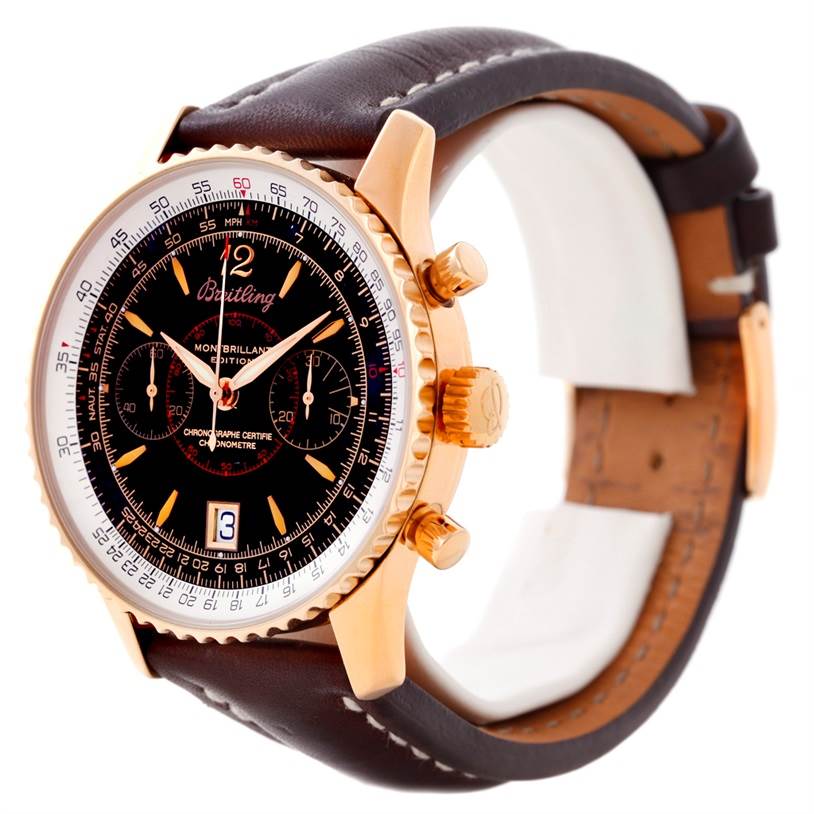 This angle shows the Breitling Navitimer H48330 Men's Rose Gold Black Dial H48330 Men's Rose Gold Black Dial watch face, side profile, and leather strap.