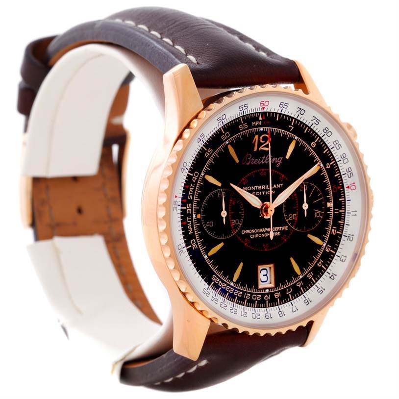 The Breitling Navitimer H48330 Men's Rose Gold Black Dial H48330 Men's Rose Gold Black Dial watch is shown at a three-quarter angle, highlighting its black dial, rose gold case, and brown leather strap.