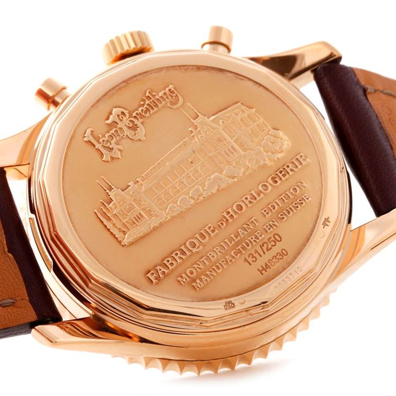 This image shows the backside and engraved details of the Breitling Navitimer H48330 Men's Rose Gold Black Dial H48330 Men's Rose Gold Black Dial watch.