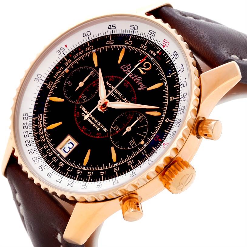 A close-up side angle of a Breitling Navitimer H48330 Men's Rose Gold Black Dial H48330 Men's Rose Gold Black Dial watch showing the face, bezel, crown, pushers, and part of the leather strap.
