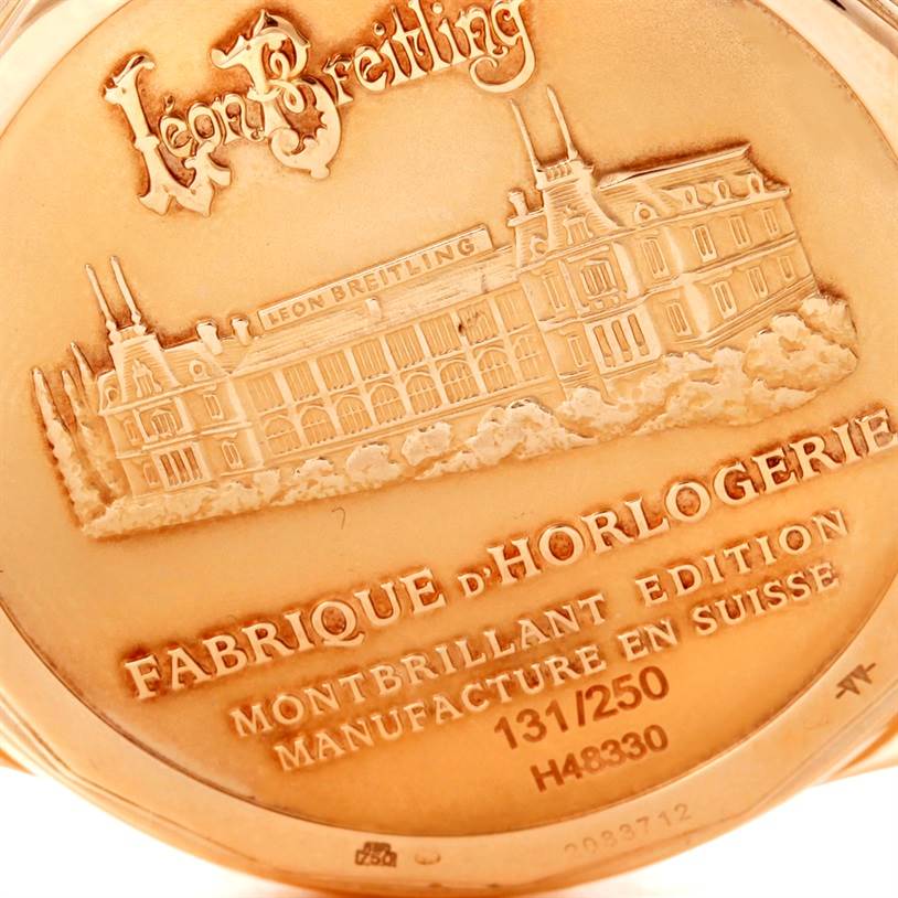 This image shows the engraved back case of a Breitling Navitimer H48330 Men's Rose Gold Black Dial H48330 Men's Rose Gold Black Dial Montbrillant Edition watch.