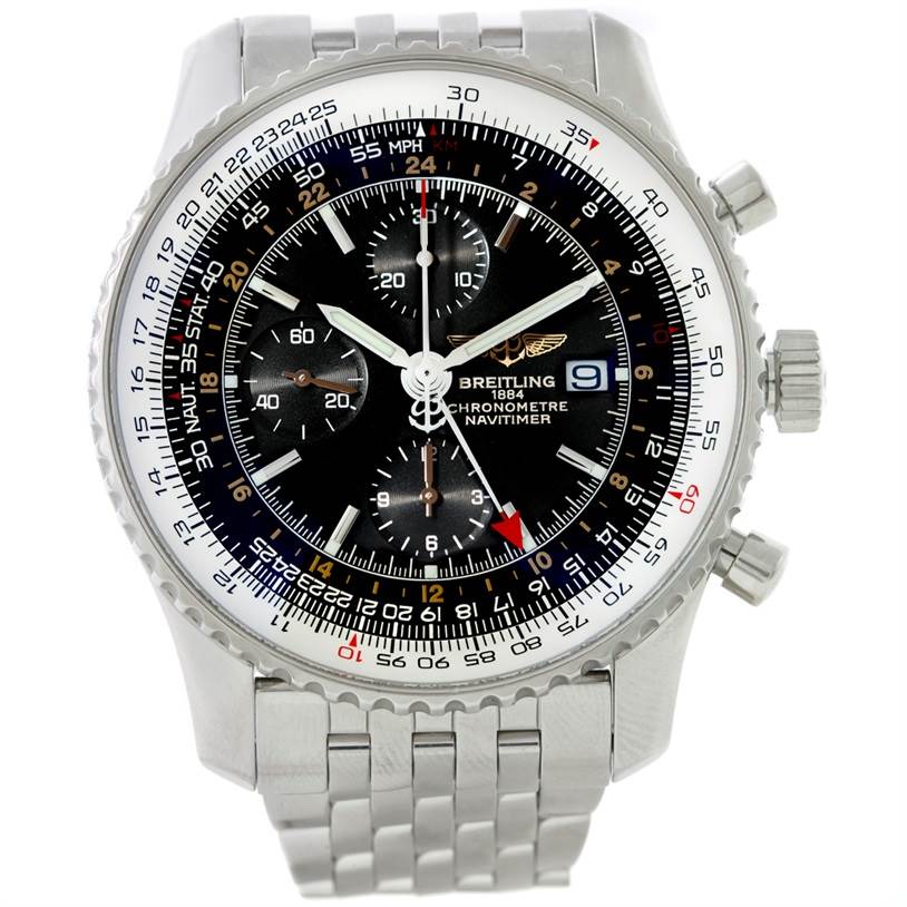 The image shows a frontal view of the Breitling Navitimer A24322 Men's Stainless Steel Black Dial A24322 Men's Stainless Steel Black Dial watch, highlighting its dial, bezel, and stainless steel band.