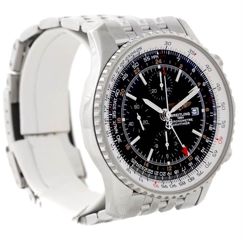 The image shows a side angle of a Breitling Navitimer A24322 Men's Stainless Steel Black Dial A24322 Men's Stainless Steel Black Dial watch with a visible face, bezel, and part of the bracelet.