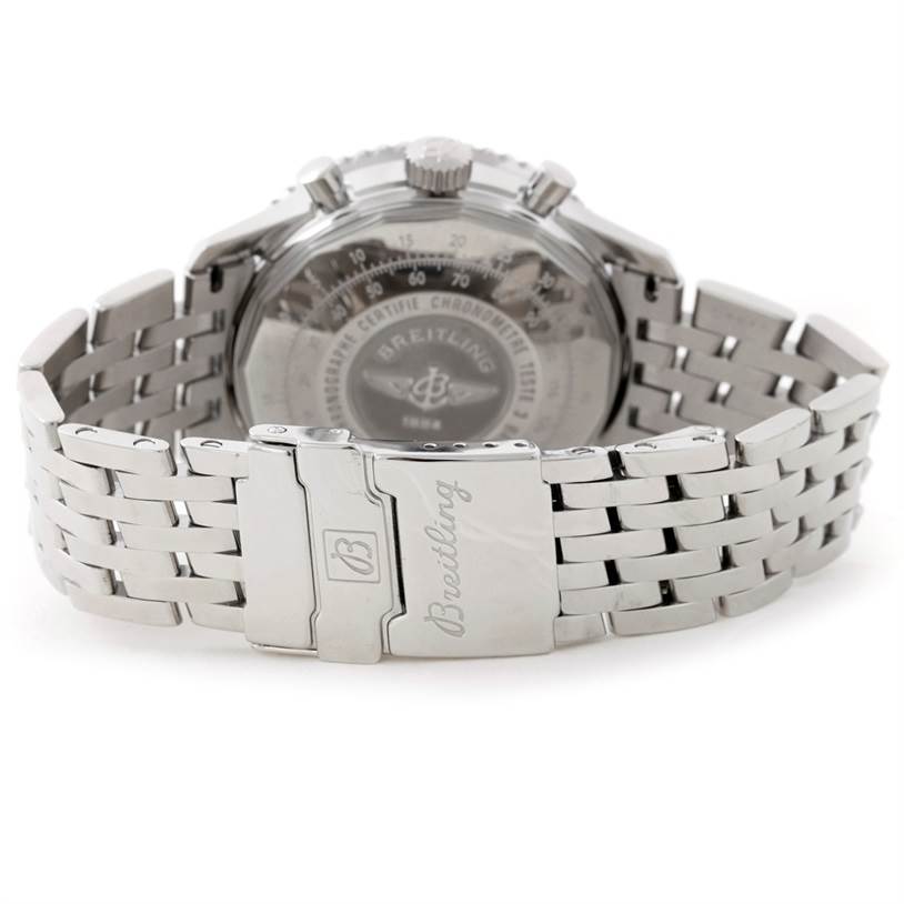 The image shows the back view of a Breitling Navitimer A23322 Men's Stainless Steel Silver Dial A23322 Men's Stainless Steel Silver Dial watch, focusing on the clasp and stainless steel bracelet.