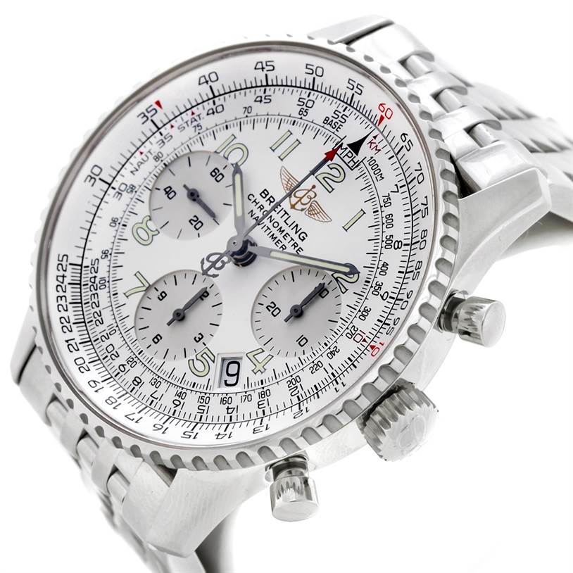 The Breitling Navitimer A23322 Men's Stainless Steel Silver Dial A23322 Men's Stainless Steel Silver Dial watch is shown at an angle highlighting its white dial, chronograph subdials, and metallic bracelet.