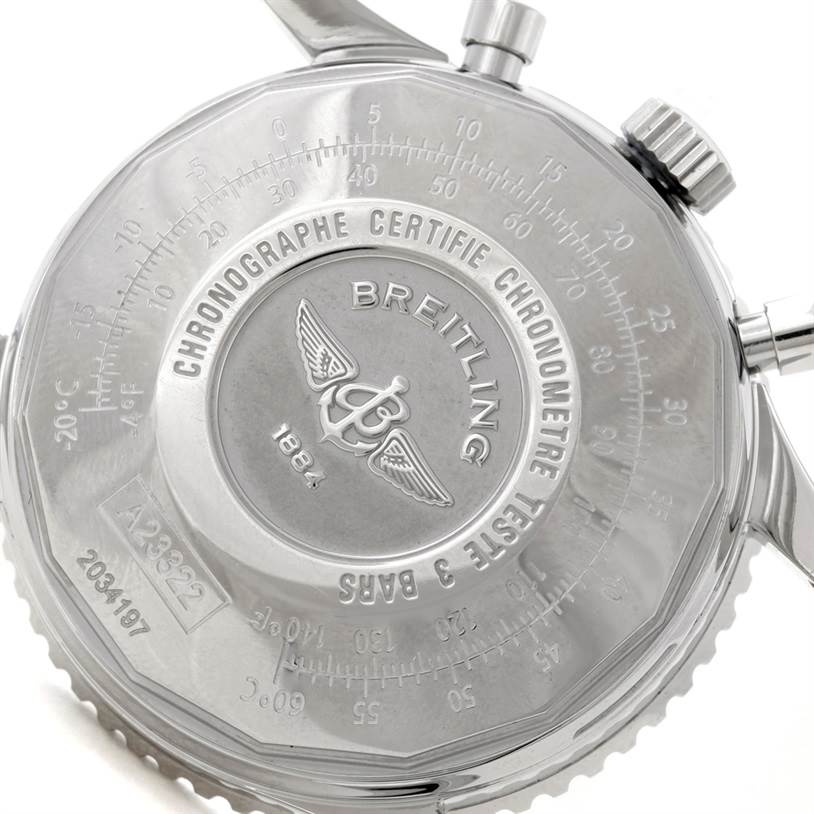 The image shows the back case of a Breitling Navitimer A23322 Men's Stainless Steel Silver Dial A23322 Men's Stainless Steel Silver Dial watch, displaying the brand logo and certification engravings.