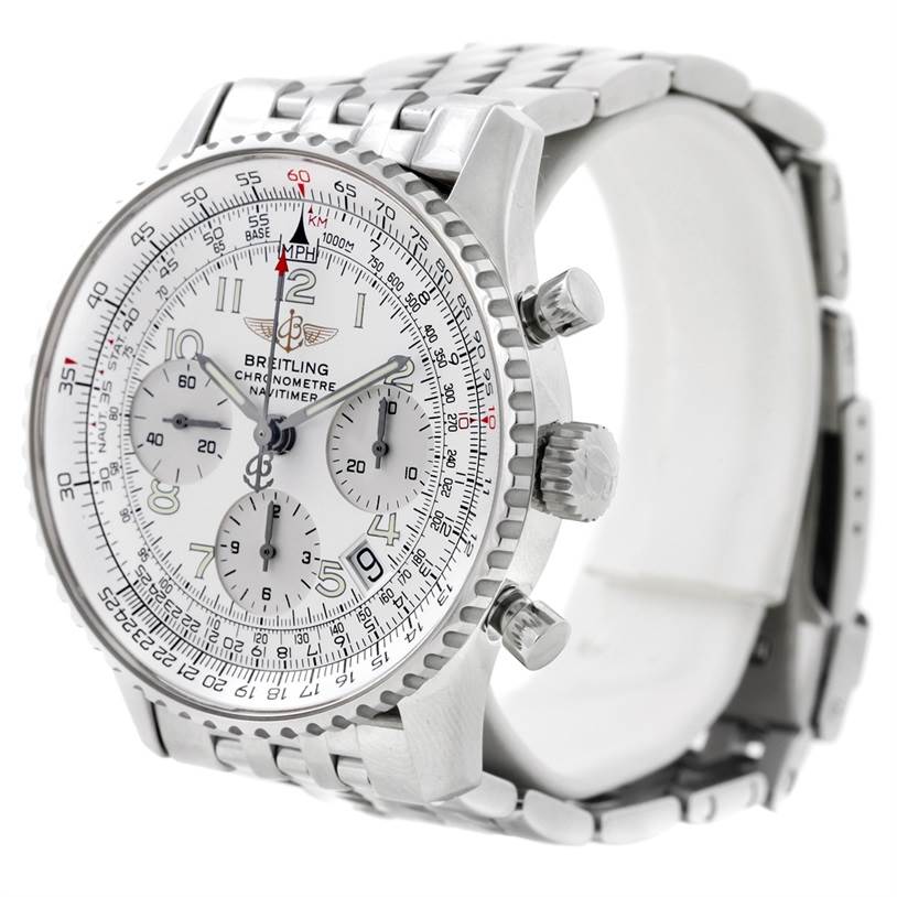 This image shows a front-side angle of the Breitling Navitimer A23322 Men's Stainless Steel Silver Dial A23322 Men's Stainless Steel Silver Dial watch featuring its dial, bezel, crown, pushers, and bracelet.