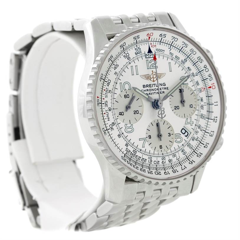 The image shows a Breitling Navitimer A23322 Men's Stainless Steel Silver Dial A23322 Men's Stainless Steel Silver Dial watch, angled to display the face, bezel, and part of the metal bracelet.