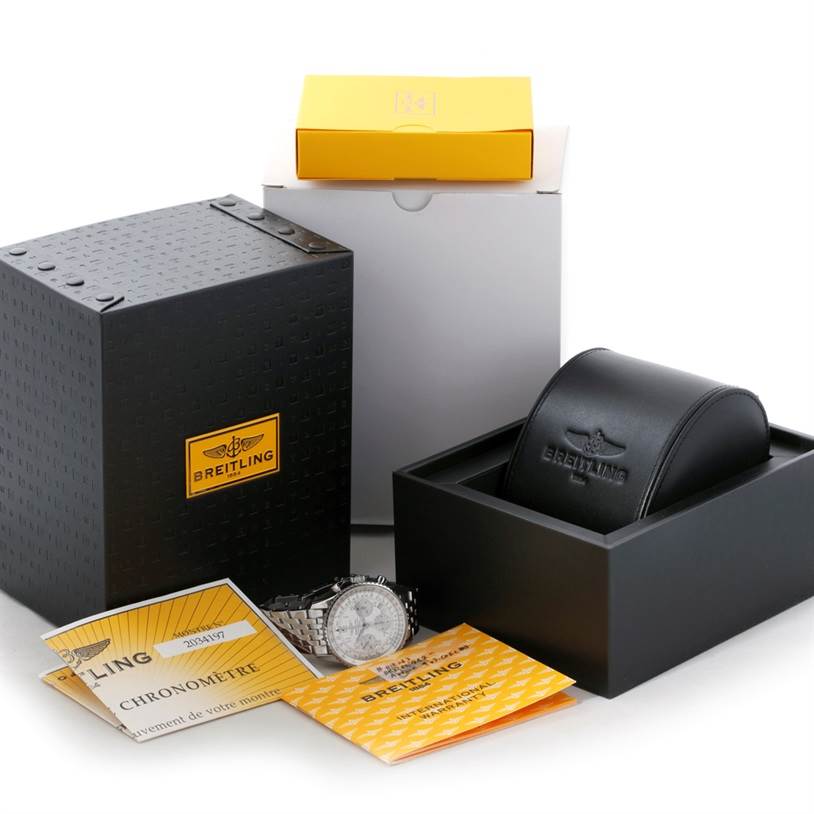 The image shows the Breitling Navitimer A23322 Men's Stainless Steel Silver Dial A23322 Men's Stainless Steel Silver Dial watch with its box, case, and accompanying booklets, viewed from a slight angle.