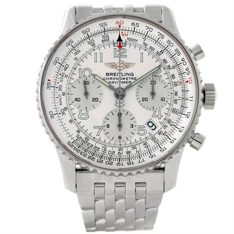 The image shows a front view of a Breitling Navitimer A23322 Men's Stainless Steel Silver Dial A23322 Men's Stainless Steel Silver Dial model watch displaying its dial, bezel, and bracelet.