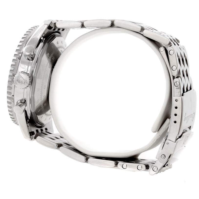 The image shows a side view of a Breitling Navitimer A23322 Men's Stainless Steel Silver Dial A23322 Men's Stainless Steel Silver Dial watch, displaying its crown, pushers, and metal bracelet links.