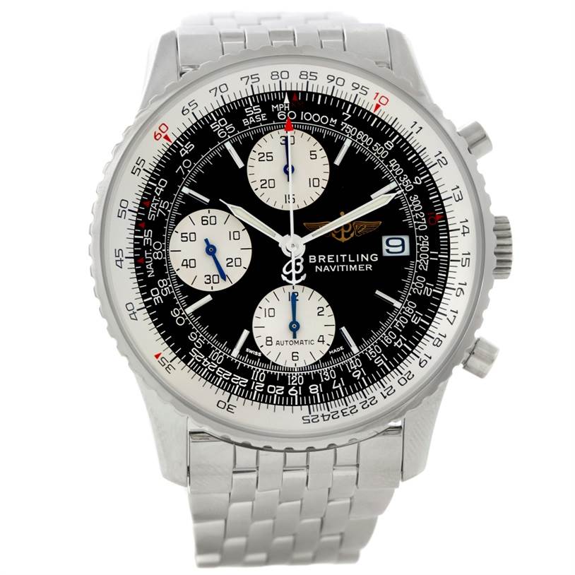 The image shows a front view of a Breitling Navitimer A13322 Men's Stainless Steel Black Dial A13322 Men's Stainless Steel Black Dial watch, highlighting its dial, bezel, and bracelet.