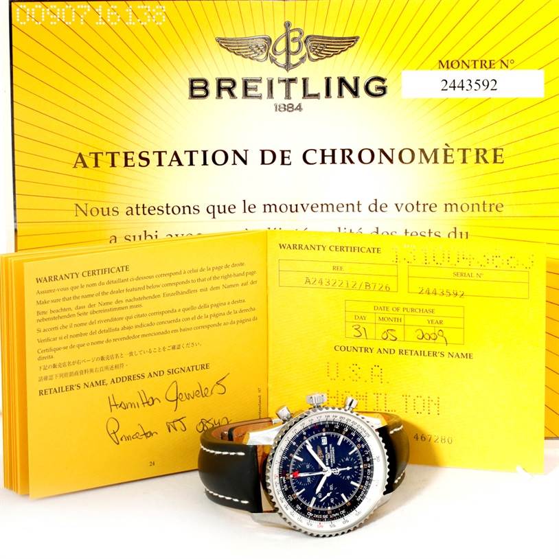 The image shows a Breitling Navitimer A24322 Men
s Stainless Steel Black Dial A24322 Men
s Stainless Steel Black Dial watch, its side view, and warranty certificates.