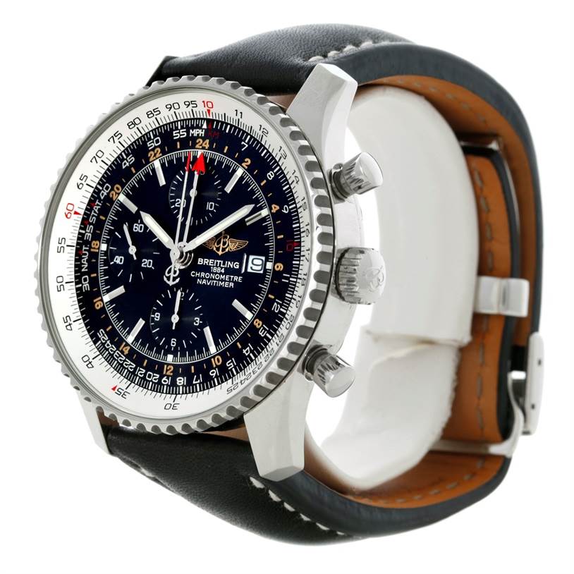 The Breitling Navitimer A24322 Men
s Stainless Steel Black Dial A24322 Men
s Stainless Steel Black Dial watch is shown at an angle highlighting its dial, bezel, pushers, and leather strap.