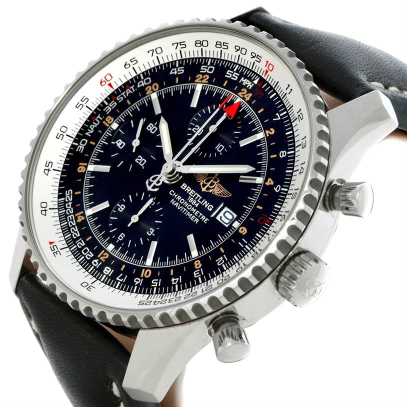 The image shows a close-up side angle of the Breitling Navitimer A24322 Men
s Stainless Steel Black Dial A24322 Men
s Stainless Steel Black Dial watch, highlighting its black dial, bezel, and crown.