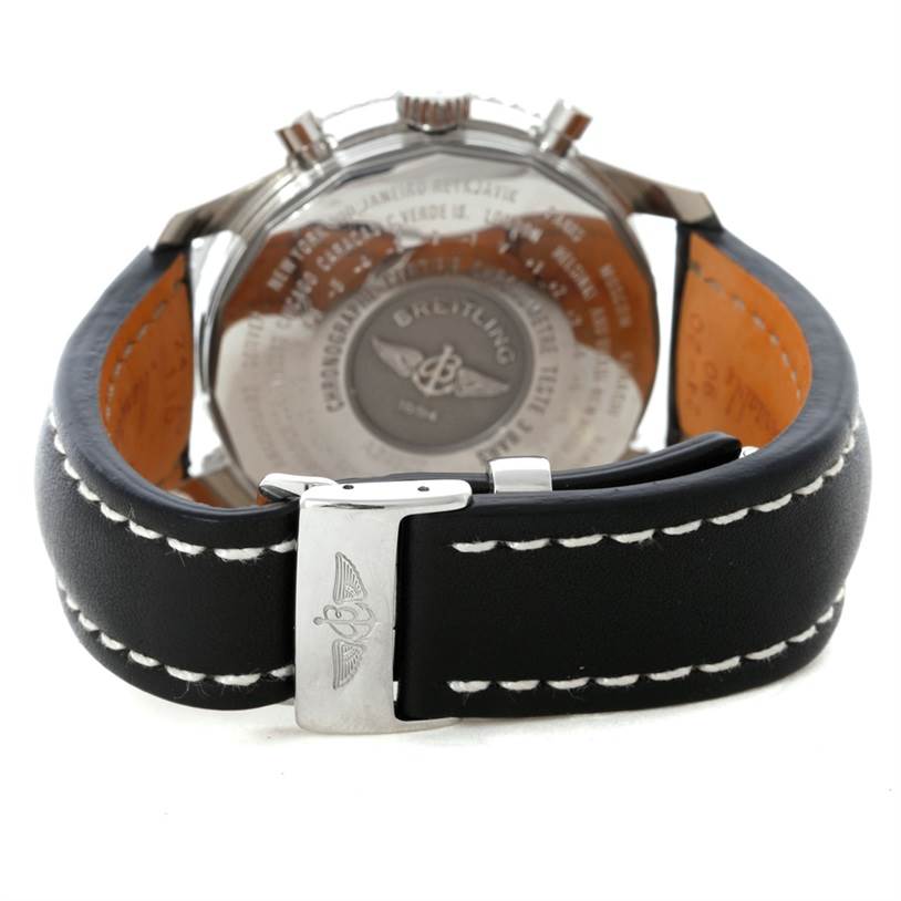 The image shows the back view of a Breitling Navitimer A24322 Men
s Stainless Steel Black Dial A24322 Men
s Stainless Steel Black Dial watch, including the case back, leather strap, and clasp.