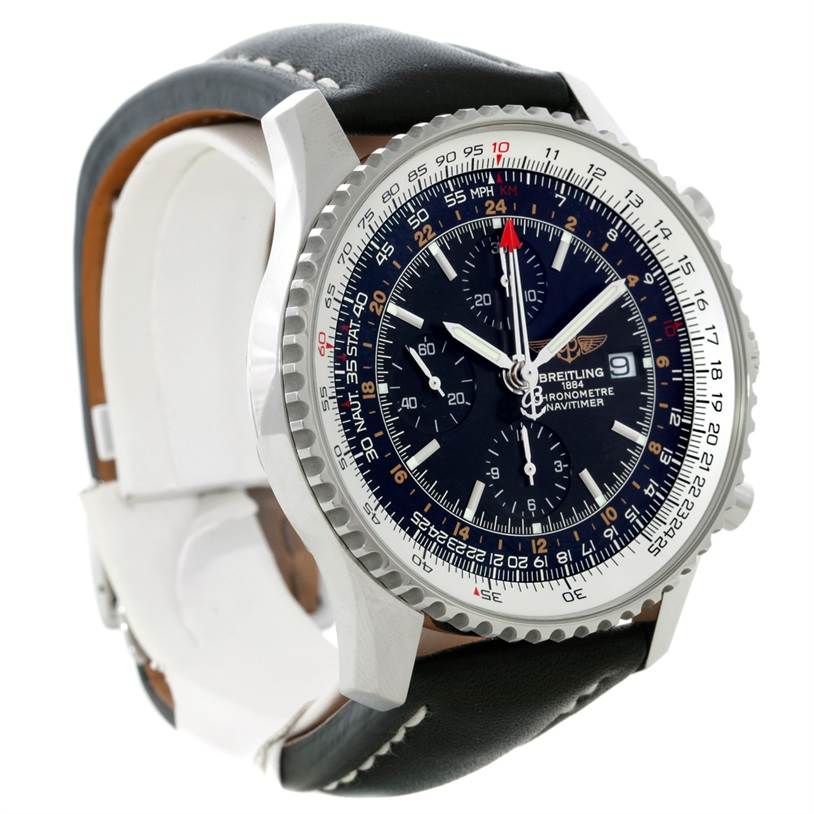 The image shows a Breitling Navitimer A24322 Men
s Stainless Steel Black Dial A24322 Men
s Stainless Steel Black Dial watch at a side-front angle, highlighting its dial, bezel, and leather strap.