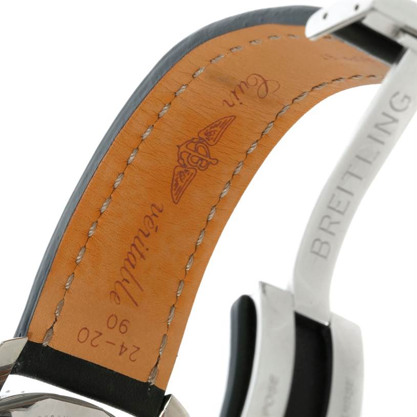 The image shows the inside of the leather strap and clasp of a Breitling Navitimer A24322 Men
s Stainless Steel Black Dial A24322 Men
s Stainless Steel Black Dial watch.