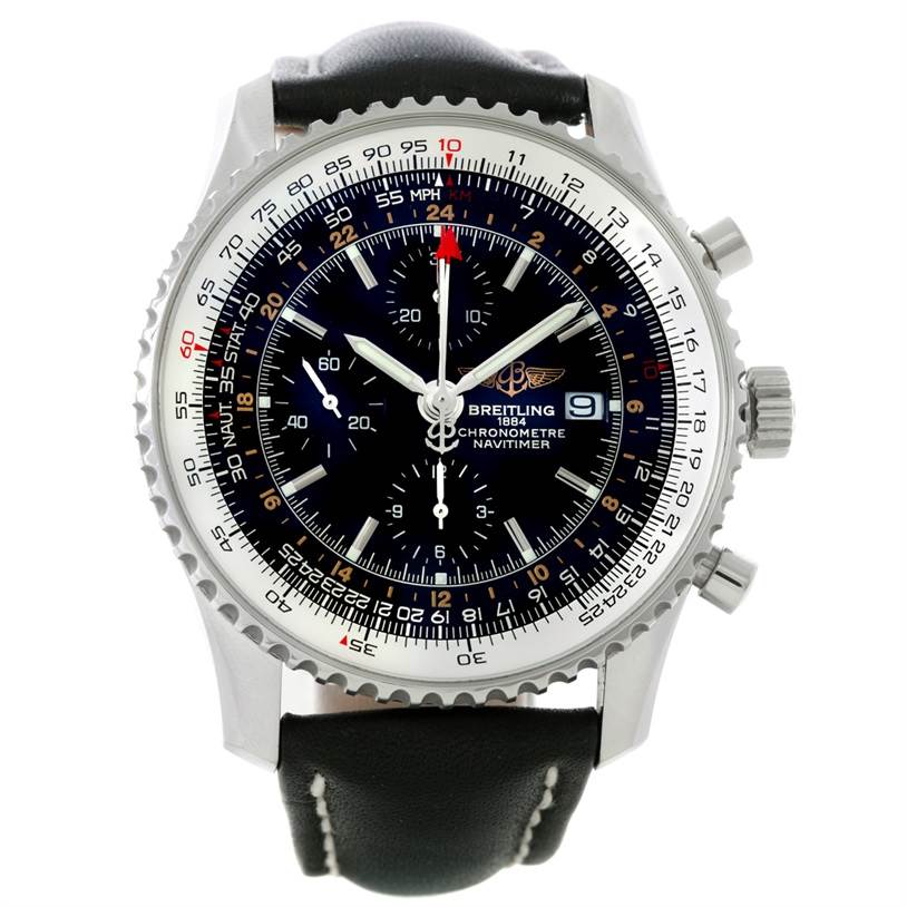 This image shows a front view of a Breitling Navitimer A24322 Men
s Stainless Steel Black Dial A24322 Men
s Stainless Steel Black Dial watch, highlighting its face, dials, bezel, and leather strap.
