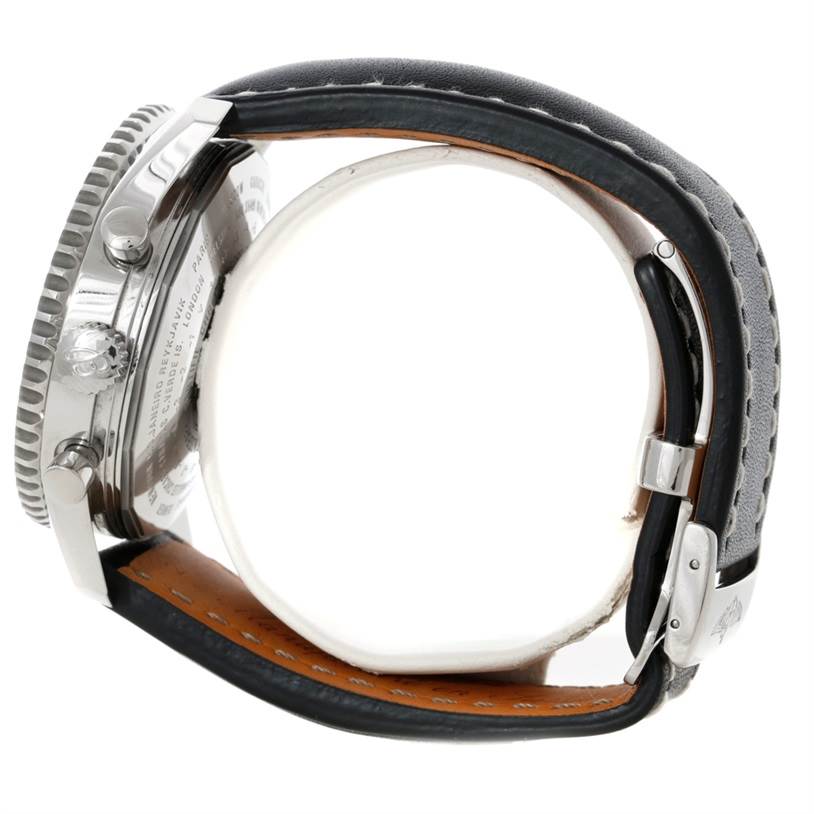 This side view of the Breitling Navitimer A24322 Men
s Stainless Steel Black Dial A24322 Men
s Stainless Steel Black Dial watch shows its case, crown, bezel, and leather strap with a clasp.