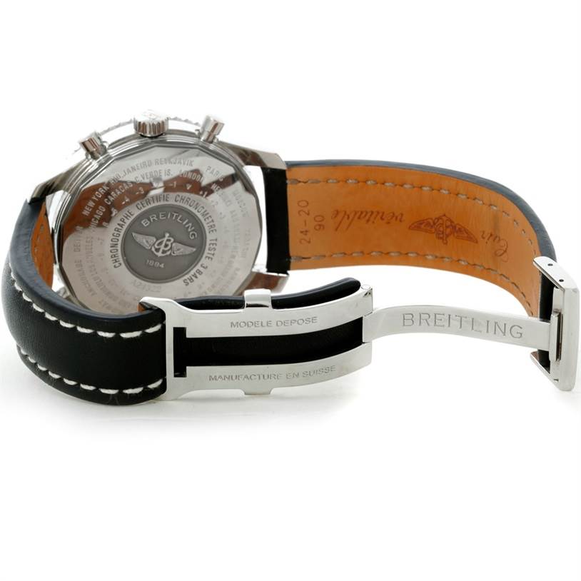 The image shows the back case and leather strap of a Breitling Navitimer A24322 Men
s Stainless Steel Black Dial A24322 Men
s Stainless Steel Black Dial watch, highlighting the clasp and engraved details.