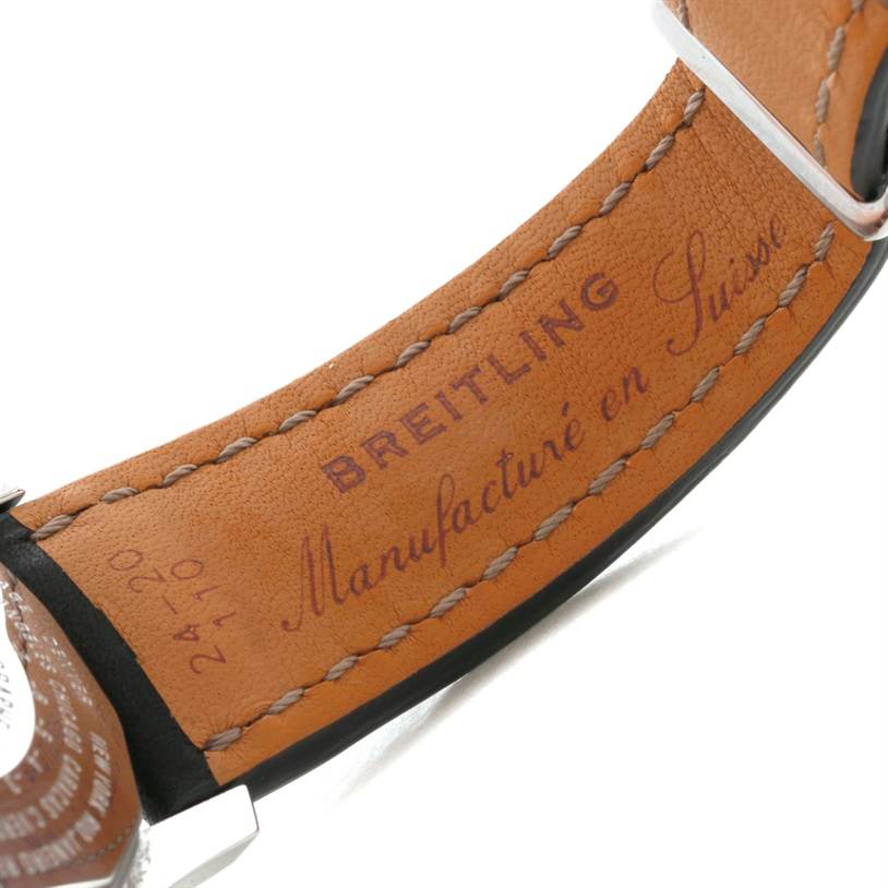 The image shows the inner leather band of a Breitling Navitimer A24322 Men
s Stainless Steel Black Dial A24322 Men
s Stainless Steel Black Dial watch, with branding and stitching visible.