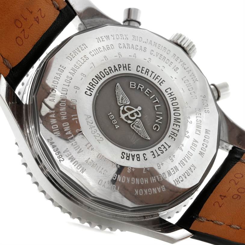 The image shows the back of a Breitling Navitimer A24322 Men
s Stainless Steel Black Dial A24322 Men
s Stainless Steel Black Dial watch, detailing the engravings and leather strap connection.