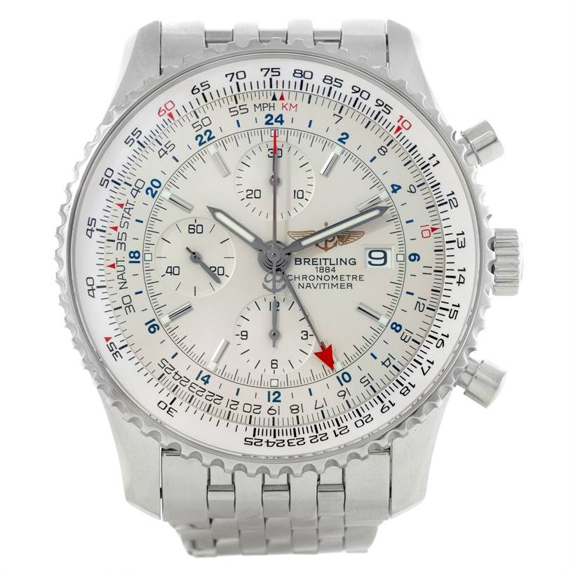 The Breitling Navitimer A24322 Men's Stainless Steel White Dial A24322 Men's Stainless Steel White Dial watch is shown from a frontal angle, highlighting its dial, bezel, pushers, crown, and metal bracelet.