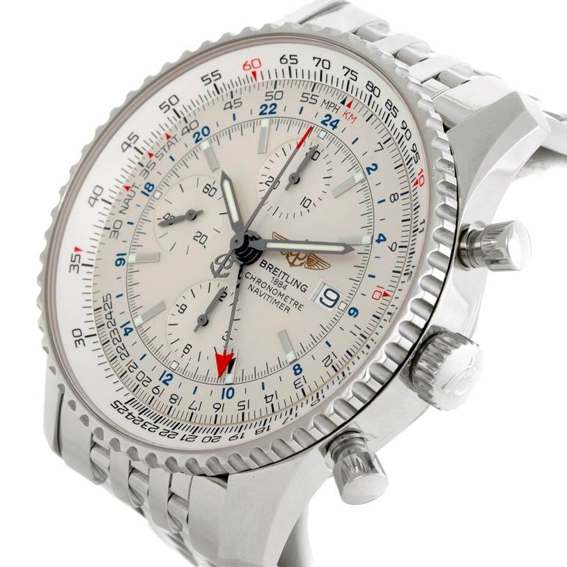 The image shows a close-up side angle of the Breitling Navitimer A24322 Men's Stainless Steel White Dial A24322 Men's Stainless Steel White Dial watch face, bezel, crown, and chronograph pushers.