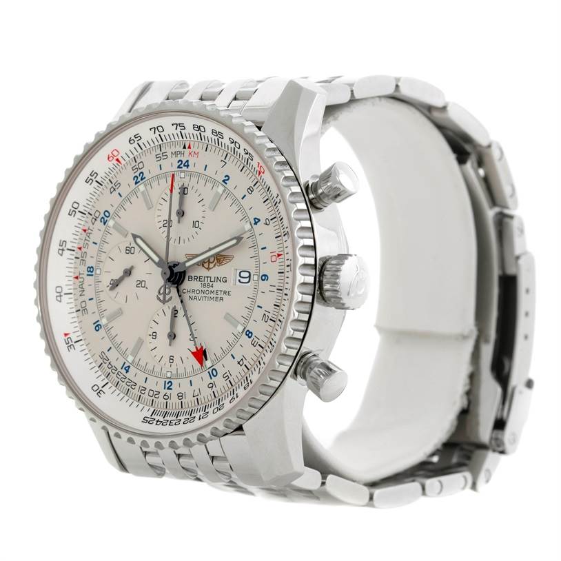 The image shows a side angle of the Breitling Navitimer A24322 Men's Stainless Steel White Dial A24322 Men's Stainless Steel White Dial watch, highlighting the bezel, crown, pushers, and metal bracelet.