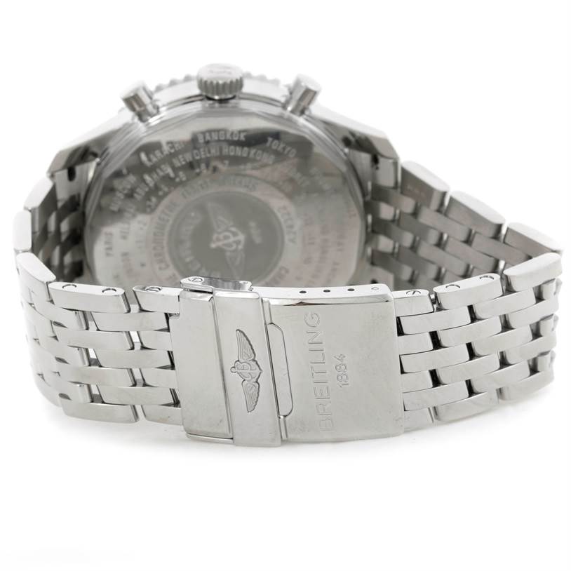 This image shows the back case and stainless steel bracelet of a Breitling Navitimer A24322 Men's Stainless Steel White Dial A24322 Men's Stainless Steel White Dial watch.