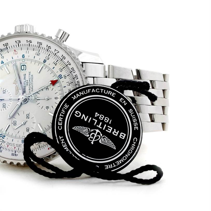 The image shows a Breitling Navitimer A24322 Men's Stainless Steel White Dial A24322 Men's Stainless Steel White Dial watch from an oblique angle, highlighting the dial, crown, pushers, bracelet, and certification tag.