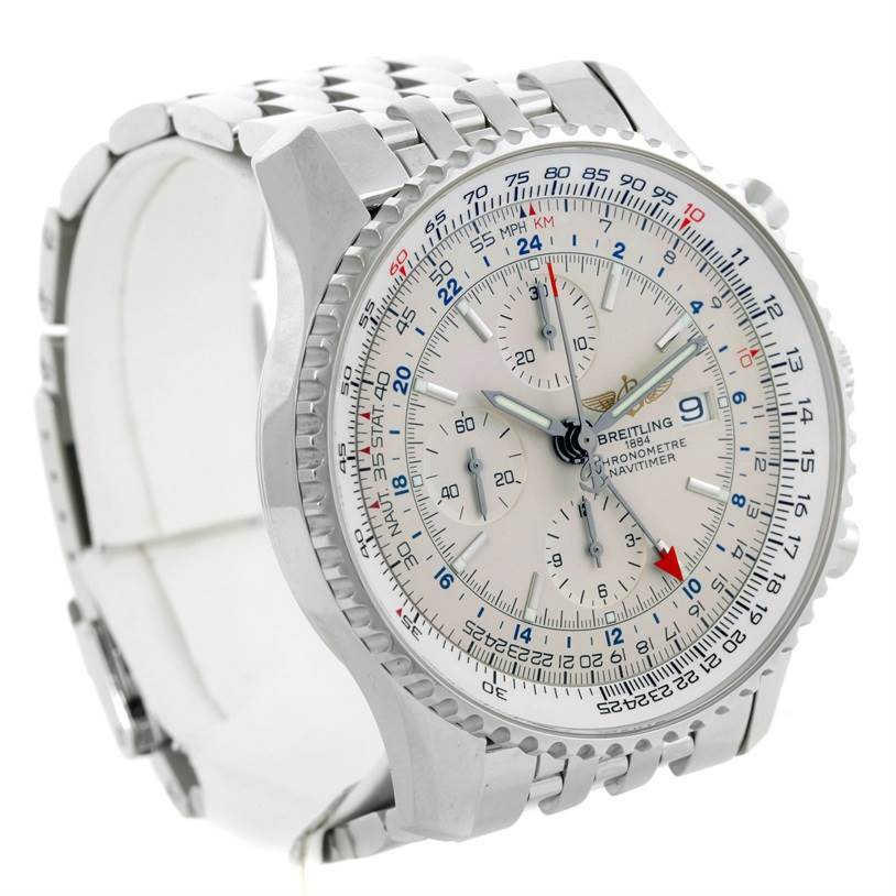 The image displays a Breitling Navitimer A24322 Men's Stainless Steel White Dial A24322 Men's Stainless Steel White Dial watch at a three-quarter angle, showing the face, bezel, and part of the bracelet.