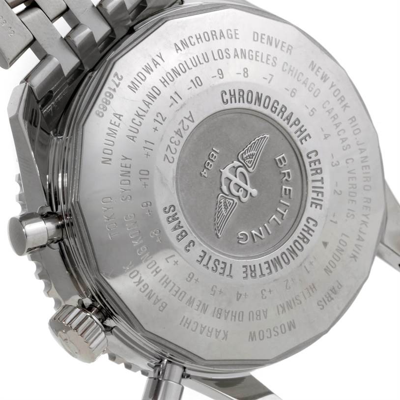 The image shows the back case and part of the bracelet of a Breitling Navitimer A24322 Men's Stainless Steel White Dial A24322 Men's Stainless Steel White Dial watch, highlighting the engravings and logo.