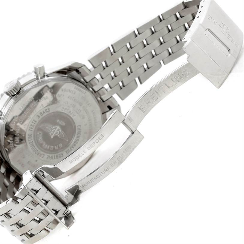 The image shows the back case and deployment clasp of a Breitling Navitimer A24322 Men's Stainless Steel White Dial A24322 Men's Stainless Steel White Dial watch at an angle.