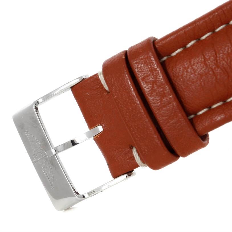 This image shows a close-up of the buckle and part of the leather strap of a Breitling Navitimer A13019 Men's Stainless Steel Black Dial A13019 Men's Stainless Steel Black Dial watch.