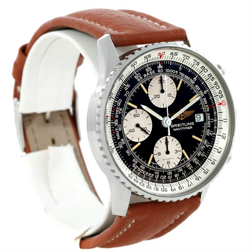 The Breitling Navitimer A13019 Men's Stainless Steel Black Dial A13019 Men's Stainless Steel Black Dial watch is shown at an angle highlighting its dial, bezel, and brown leather strap.