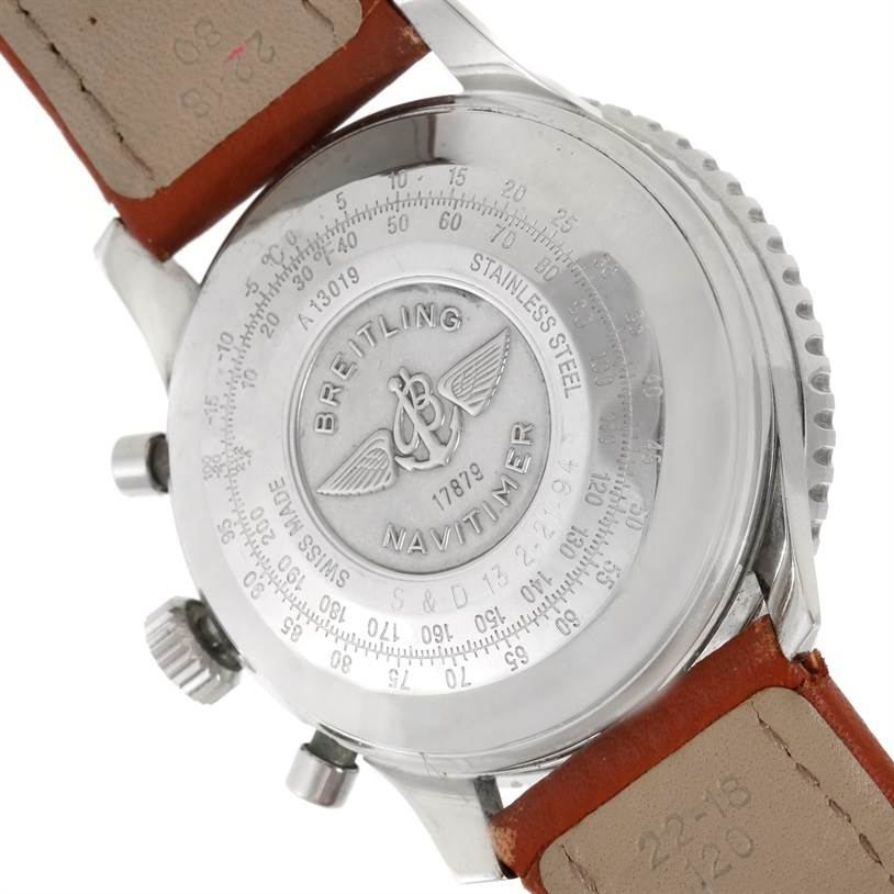 The photo shows the back case of a Breitling Navitimer A13019 Men's Stainless Steel Black Dial A13019 Men's Stainless Steel Black Dial watch, highlighting its stainless steel composition and engraved details.