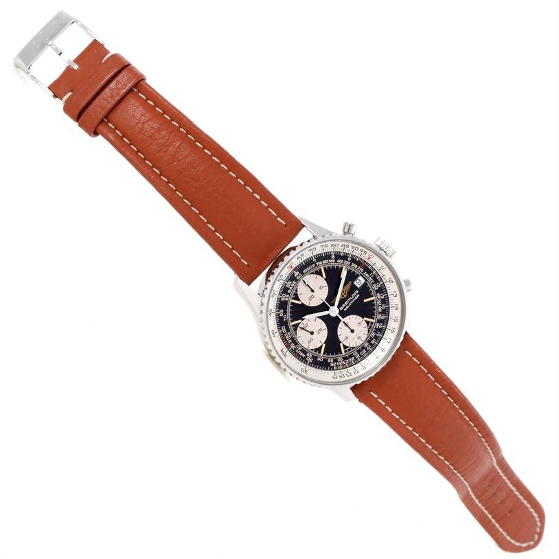 The Breitling Navitimer A13019 Men's Stainless Steel Black Dial A13019 Men's Stainless Steel Black Dial watch is shown from an overhead angle, displaying the face, bezel, and leather strap.