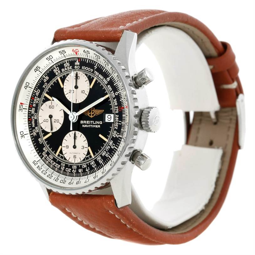The Breitling Navitimer A13019 Men's Stainless Steel Black Dial A13019 Men's Stainless Steel Black Dial watch is shown at a slight side angle, highlighting the face, case, crown, pushers, and leather strap.