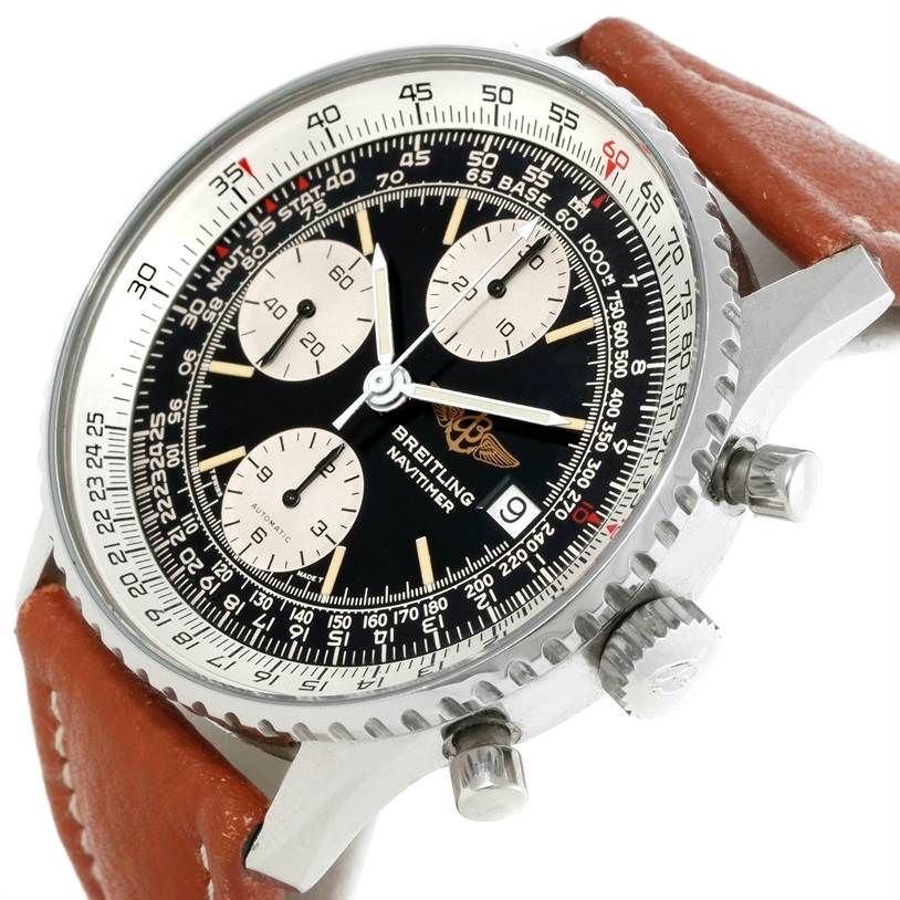 The Breitling Navitimer A13019 Men's Stainless Steel Black Dial A13019 Men's Stainless Steel Black Dial watch is shown at an angle highlighting the dial, bezel, crown, pushers, and leather strap.