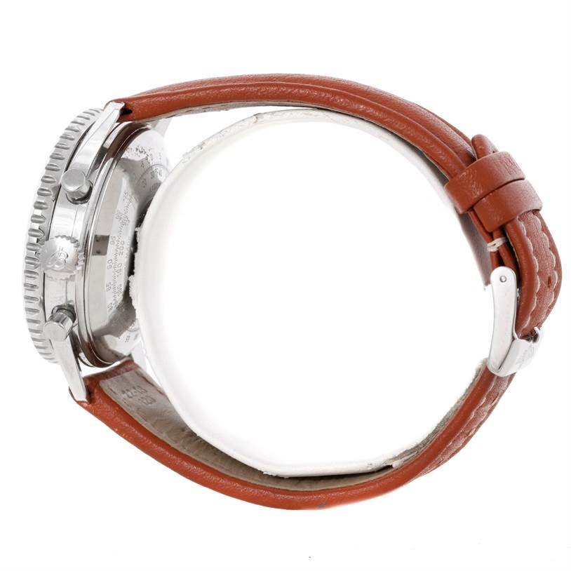 The image shows a Breitling Navitimer A13019 Men's Stainless Steel Black Dial A13019 Men's Stainless Steel Black Dial watch from a side angle, displaying its crown, bezel, and brown leather strap with a buckle.