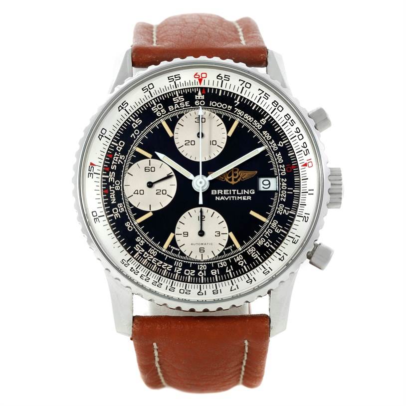 The image shows a front view of a Breitling Navitimer A13019 Men's Stainless Steel Black Dial A13019 Men's Stainless Steel Black Dial watch, displaying its dial, bezel, and brown leather strap.